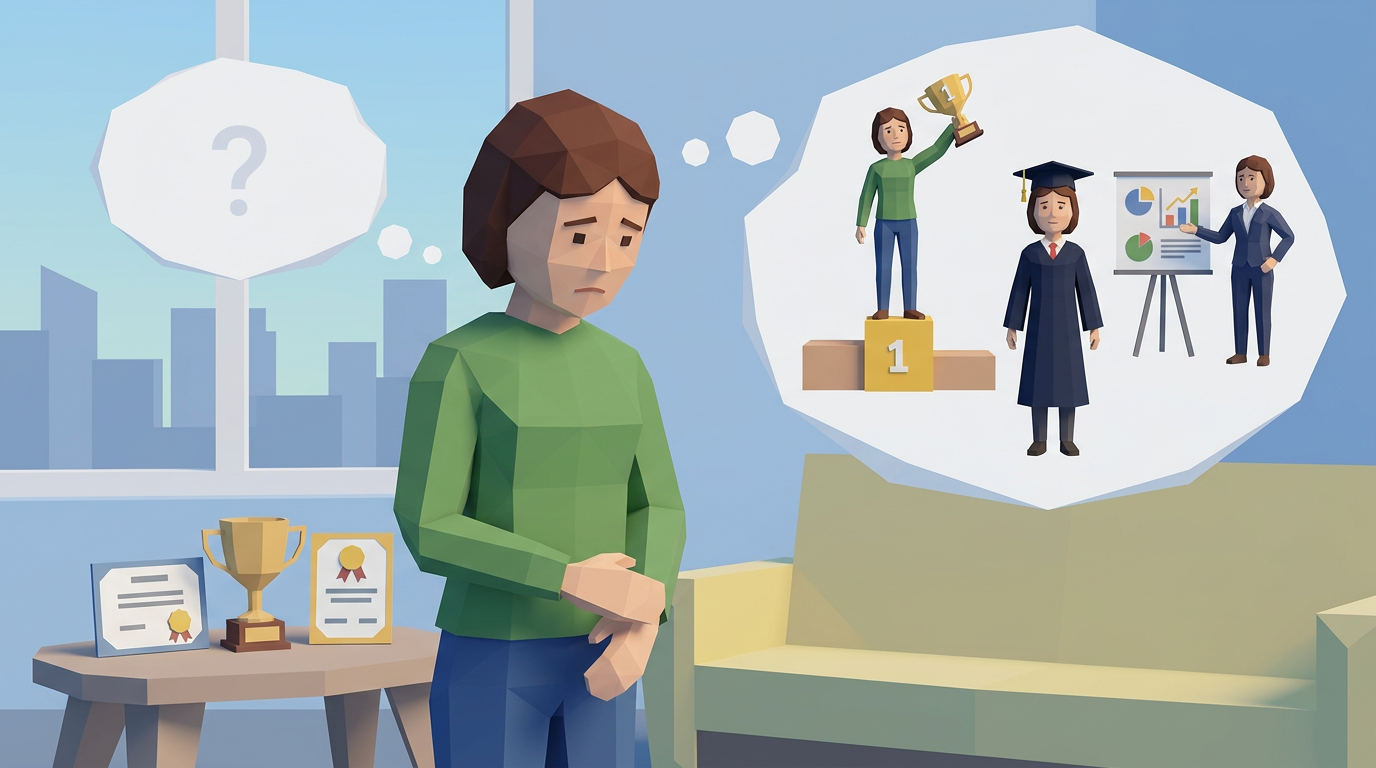 Person worried with thought bubbles showing winning a trophy, graduating, and giving a presentation