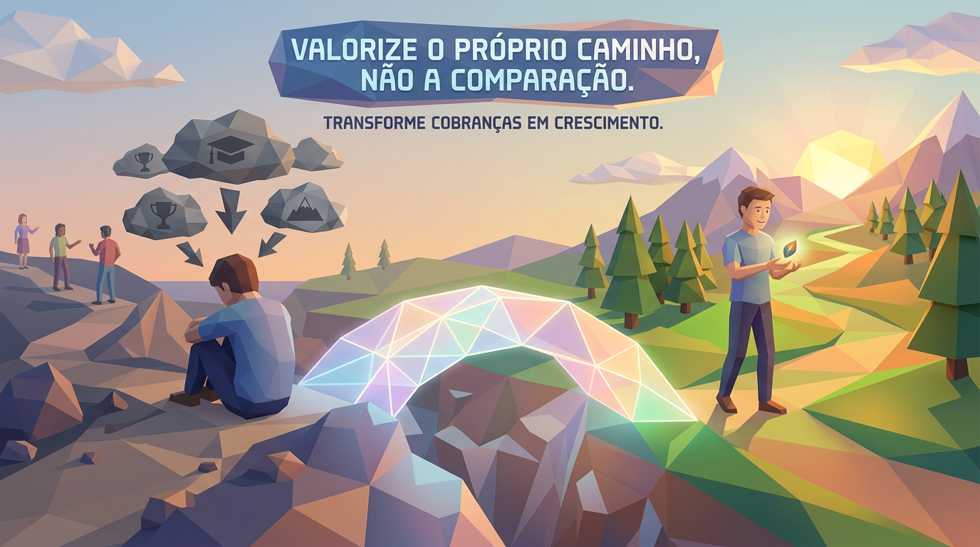 Ilustração com os textos “VALORIZE O PRÓPRIO CAMINHO, NÃO A COMPARAÇÃO.” e “TRANSFORME COBRANÇAS EM CRESCIMENTO.”, mostrando pessoas diante de caminhos, montanhas e símbolos de conquistas.