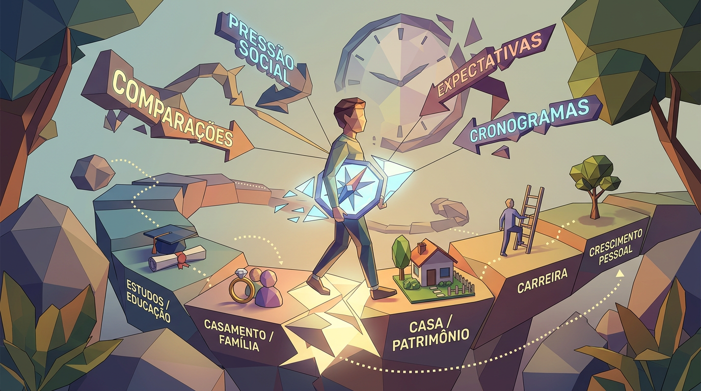 Ilustração com textos: PRESSÃO SOCIAL, EXPECTATIVAS, CRONOGRAMAS, COMPARAÇÕES, ESTUDOS / EDUCAÇÃO, CASAMENTO / FAMÍLIA, CASA / PATRIMÔNIO, CARREIRA e CRESCIMENTO PESSOAL.