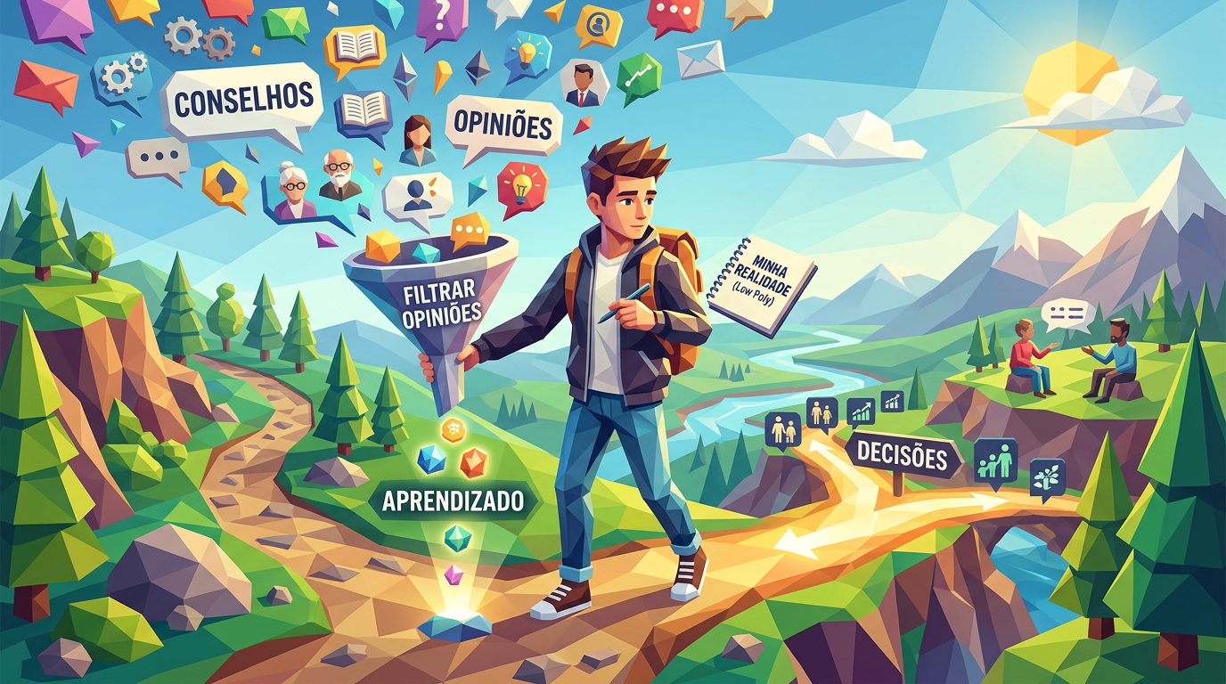 Ilustração low poly com jovem, montanhas e os textos “CONSELHOS”, “OPINIÕES”, “FILTRAR OPINIÕES”, “MINHA REALIDADE”, “APRENDIZADO” e “DECISÕES”.