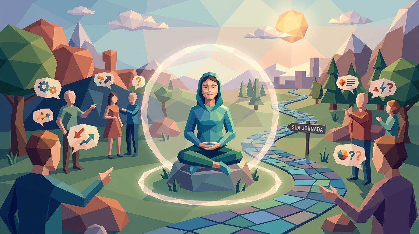 Meditating person beside path labeled “SUA JORNADA,” surrounded by questioning figures