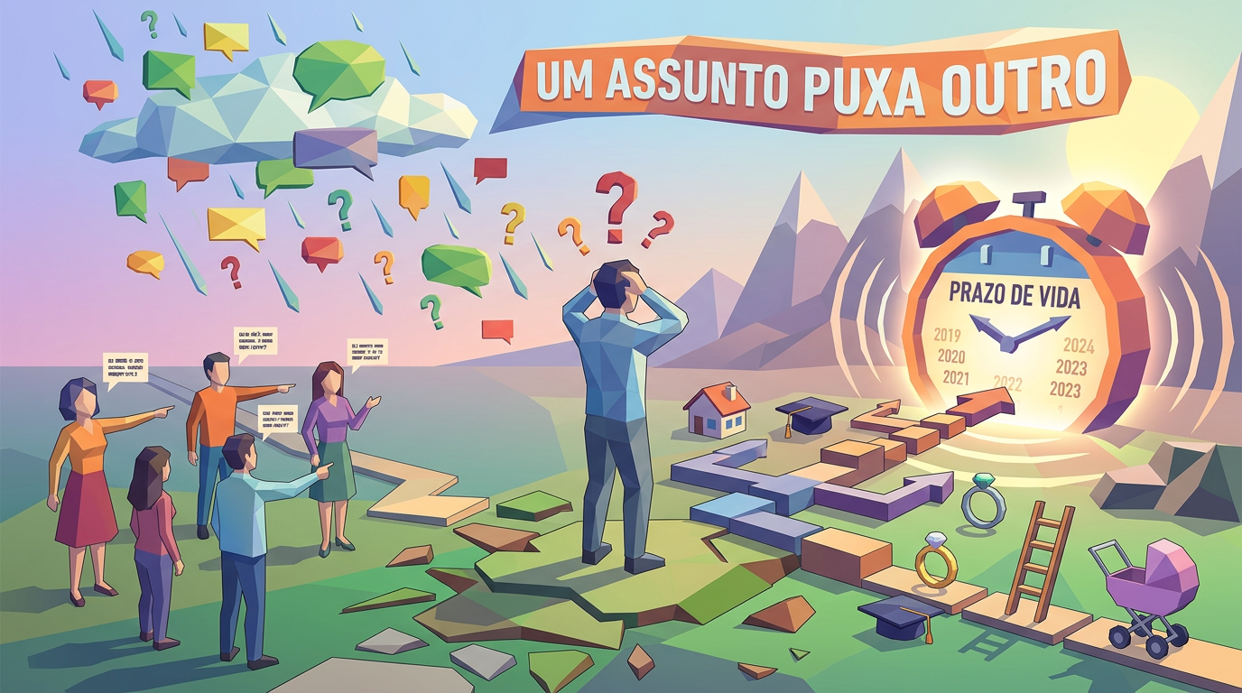 Illustration with “UM ASSUNTO PUXA OUTRO” and “PRAZO DE VIDA” text